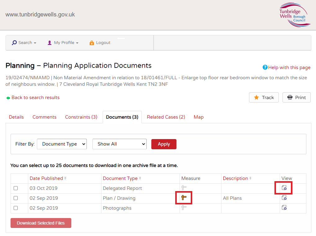 An image of the documents screen in the Planning Portal with the view document and measure document options highlighted.
