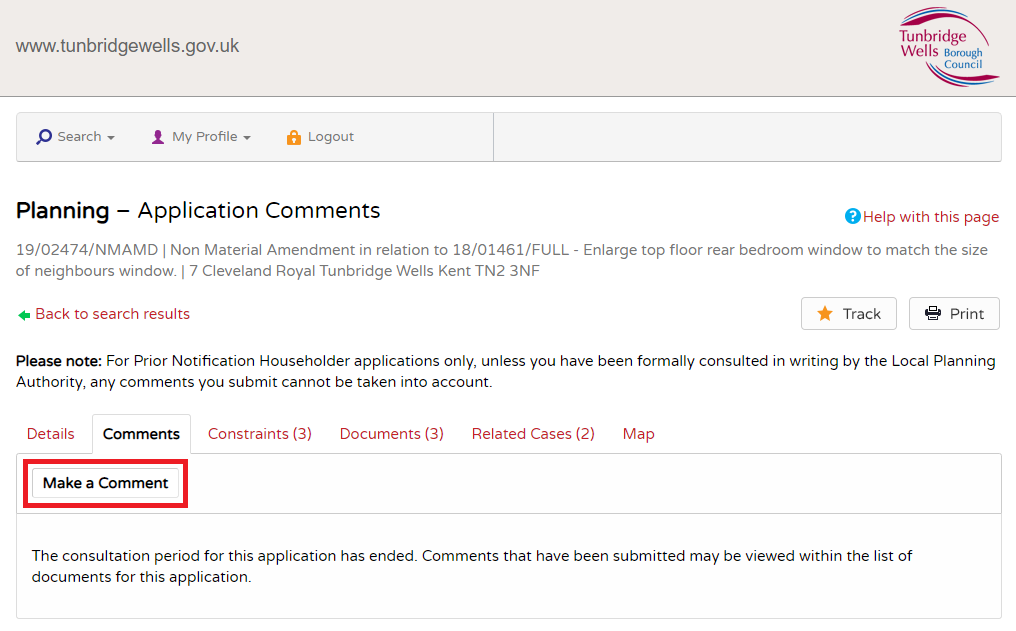 Image highlighting the button to make a comment on a planning application