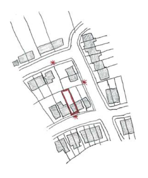 As there are adjacent properties to the application site which are on the parallel road to the rear, and the road to the side, three site notices will be placed as shown in the diagram.